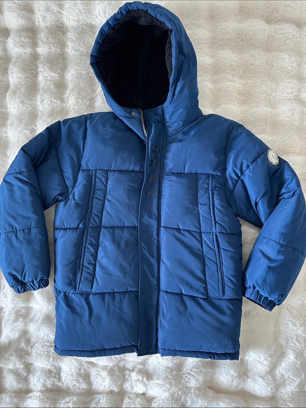DKNY Youth Royal Blue Puffer Coat with Hood